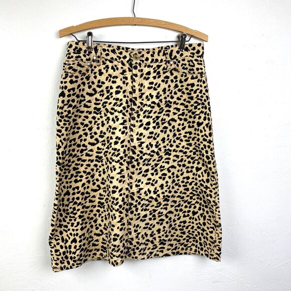 See By Chloe Cheetah Animal Print Denim Skirt Size 8 Below Knee A-Line Zip Front - Picture 2 of 14